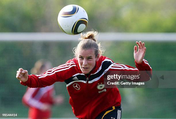 Simone Laudehr in action during a training session at the Philippe Mueller stadium on April 19, 2010 in Dresden, Germany.