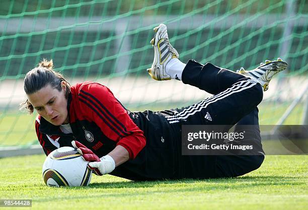 Nadine Angerer in action during a training session at the Philippe Mueller stadium on April 19, 2010 in Dresden, Germany.