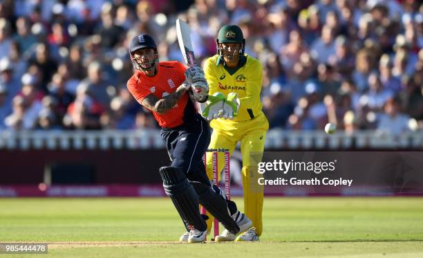 Alex Hales of England bats during the Vitality International T20 between England and Australia at Edgbaston on June 27, 2018 in Birmingham, England.