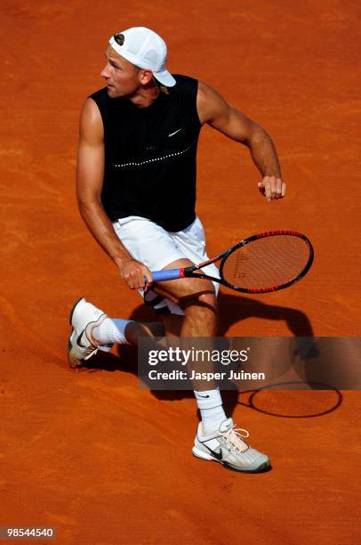 Lukasz Kubot of Poland follows the ball during his match against Marcel Granollers of Spain on day one of the ATP 500 World Tour Barcelona Open Banco...