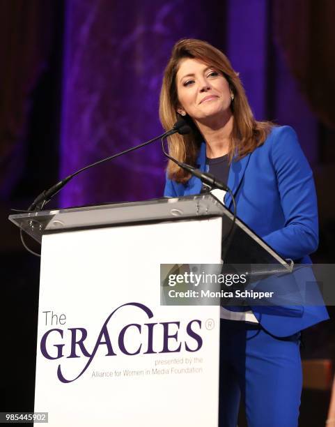 Norah O'Donnell speaks onstage at The Gracies, presented by the Alliance for Women in Media Foundation at Cipriani 42nd Street on June 27, 2018 in...