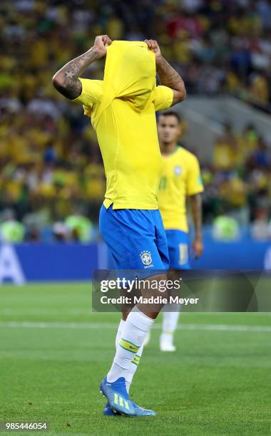 Gabriel Jesus of Brazil reacts during the 2018 FIFA World Cup Russia group E match between Serbia and Brazil at Spartak Stadium on June 27, 2018 in...