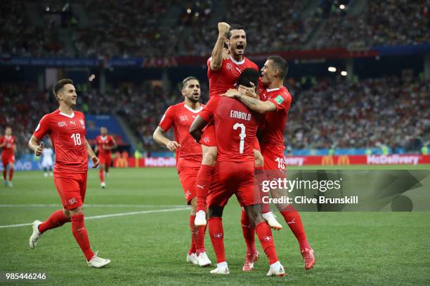 Blerim Dzemaili of Switzerland celebrates with teammates after scoring his team's first goal during the 2018 FIFA World Cup Russia group E match...