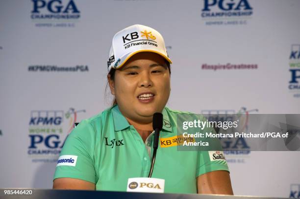 Inbee Park of the Republic of Korea speaks at a press conference during the 2018 KPMG Women's PGA Championship at Kemper Lakes Golf Club on June...