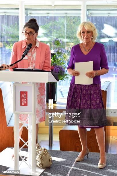 Camilla, Duchess of Cornwall looks on as Dame Marina Warner, President of Royal Society of Literature speaks at The Royal Society of Literature '40...