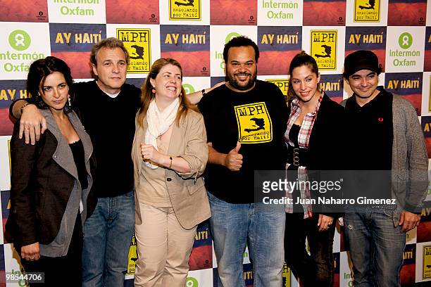 Bebe, David Summers, Ariane Arpa Carlos Jean, Leire Martinez and Alvaro Fuentes attend the presentation of the song 'Ay Haiti' during a press...