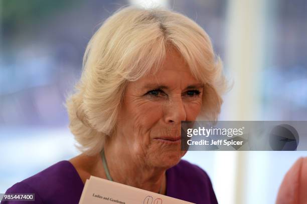 Camilla, Duchess of Cornwall attends The Royal Society of Literature '40 Under 40' fellow induction at The British Library on June 27, 2018 in...