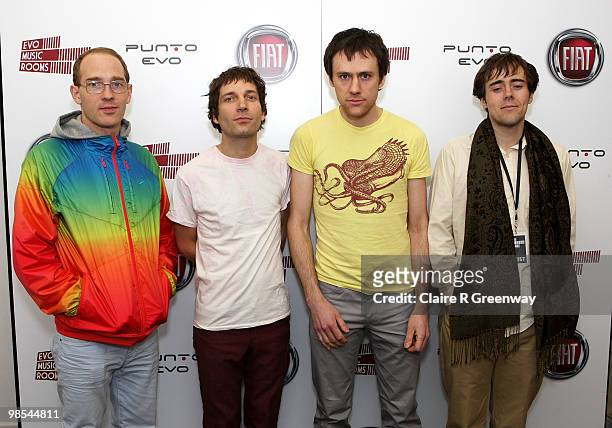 Caribou members Dan Snaith, Ryan Smith, Brad Weber and John Schmersal pose backstage during a recording of the 'Evo Music Rooms' for Channel 4, in...
