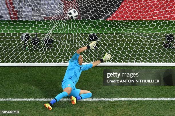 Costa Rica's goalkeeper Keylor Navas takes the opening goal during the Russia 2018 World Cup Group E football match between Switzerland and Costa...