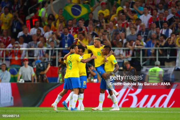 Paulinho of Brazil celebrates scoring a goal to make it 0-1with his team-mates during the 2018 FIFA World Cup Russia group E match between Serbia and...