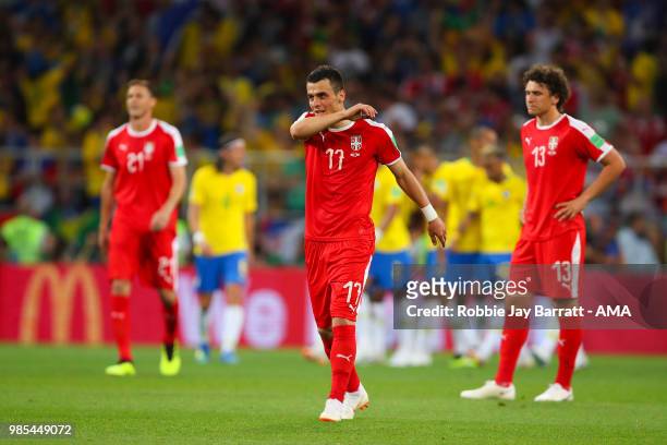 Filip Kostic of Serbia reacts after Paulinho of Brazil scored a goal to make it 0-1 during the 2018 FIFA World Cup Russia group E match between...