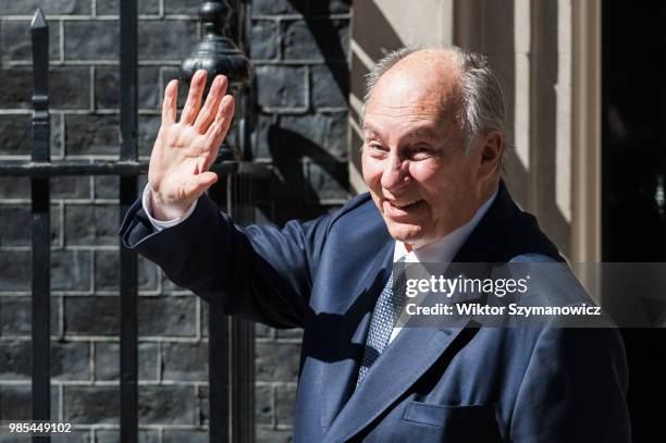 Prince Shah Karim Al Hussaini, Aga Khan IV, arrives at Downing Street in central London for bilateral talks with British Prime Minister Theresa May....