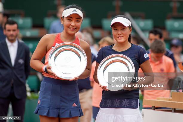 June 10. French Open Tennis Tournament - Day Fifteen. Eri Hozumi of Japan, and her doubles partner Makoto Ninomiya of Japan with their runners-up...