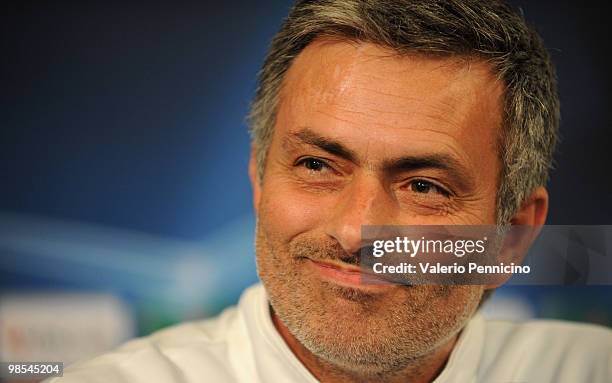 Internazionale head coach Jose Mourinho appears during a press conference ahead of their UEFA champions league semi-final, leg 1 match against...