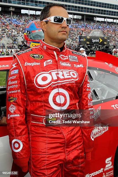 Juan Pablo Montoya, driver of the Toarget Chevrolet, looks on prior to the start of the NASCAR Sprint Cup Series Samsung Mobile 500 at Texas Motor...