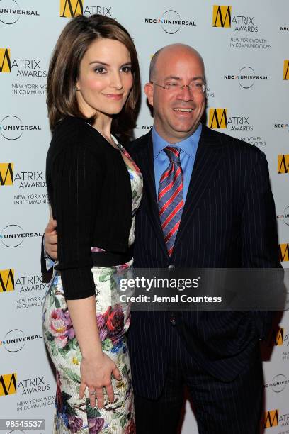 Comedian Tina Fey and President and CEO of NBC Universal Jeff Zucker pose for photos at the 2010 Matrix Awards presented by New York Women in...