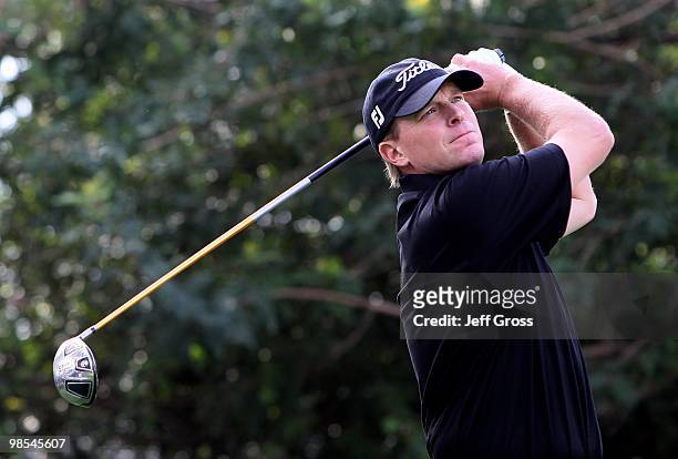 Steve Stricker hits a tee shot during the first round of the Northern Trust Open at Riviera Country Club on February 4, 2010 in Pacific Palisades,...
