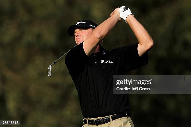 Steve Stricker hits a shot during the first round of the Northern Trust Open at Riviera Country Club on February 4, 2010 in Pacific Palisades,...