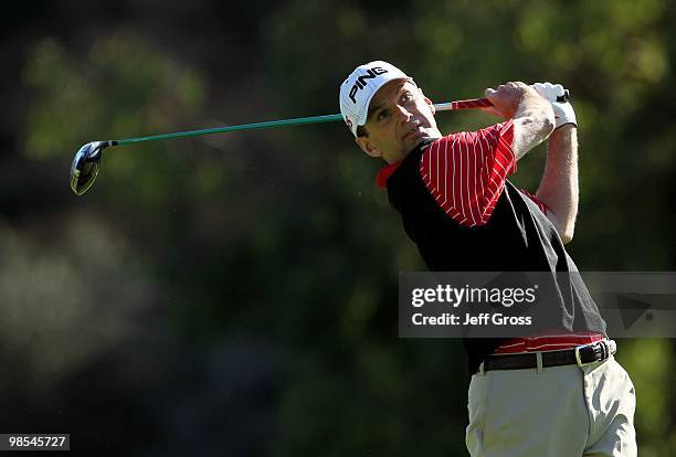 Kevin Sutherland hits a shot during the final round of the Northern Trust Open at Riviera Country Club on February 7, 2010 in Pacific Palisades,...