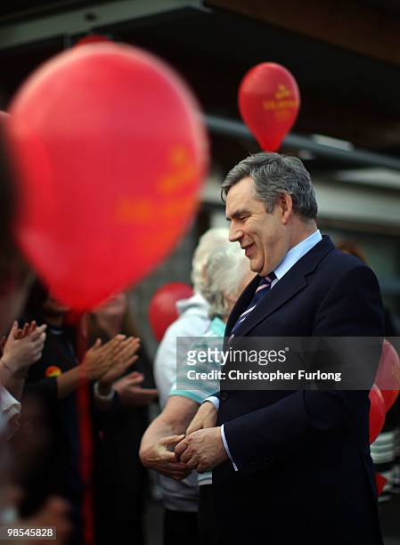 British Prime Minister Gordon Brown talks to supporters after meeting children and staff at The Maypole Children's Centre on April 19, 2010 in Selly...