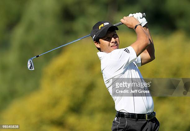 Andres Romero of Argentina hits a shot during the final round of the Northern Trust Open at Riviera Country Club on February 7, 2010 in Pacific...