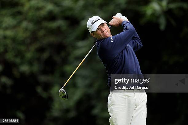 Davis Love III hits a tee shot on the 12th hole during the first round of the Northern Trust Open at Riviera Country Club on February 4, 2010 in...