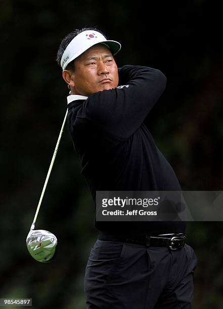 Choi of South Korea hits a tee shot on the 12th hole during the first round of the Northern Trust Open at Riviera Country Club on February 4, 2010 in...