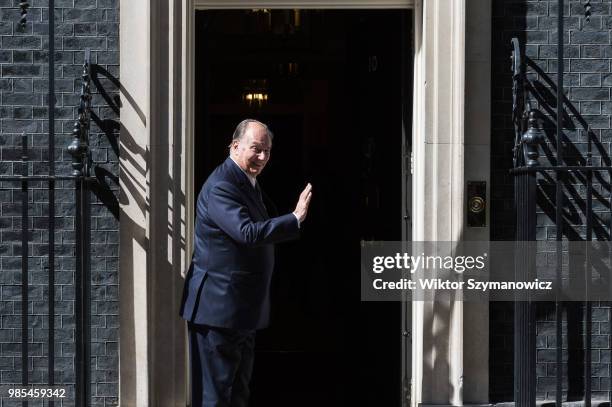 Prince Shah Karim Al Hussaini, Aga Khan IV, arrives at Downing Street in central London for bilateral talks with British Prime Minister Theresa May....