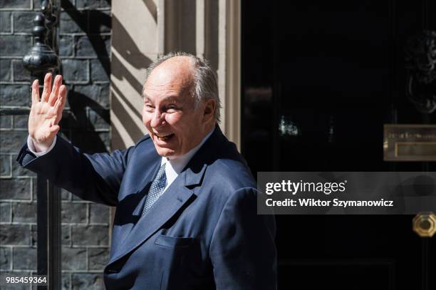 Prince Shah Karim Al Hussaini, Aga Khan IV, arrives at Downing Street in central London for bilateral talks with British Prime Minister Theresa May....