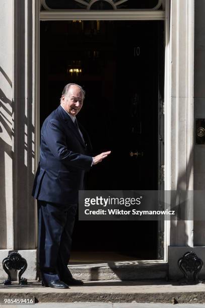 Prince Shah Karim Al Hussaini, Aga Khan IV, arrives at Downing Street in central London for bilateral talks with British Prime Minister Theresa May....
