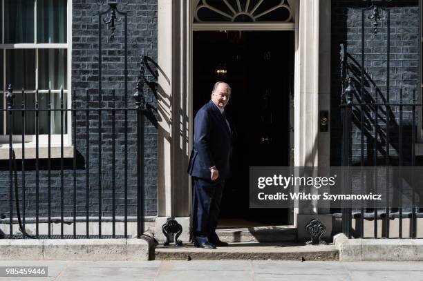 Prince Shah Karim Al Hussaini, Aga Khan IV, arrives at Downing Street in central London for bilateral talks with British Prime Minister Theresa May....