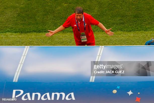 Panama's coach Hernan Dario Gomez gestures during a training session at the Mordovia Arena in Saransk on June 27 on the eve of the Russia 2018 World...
