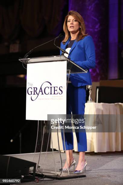Norah O'Donnell speaks onstage at The Gracies, presented by the Alliance for Women in Media Foundation at Cipriani 42nd Street on June 27, 2018 in...