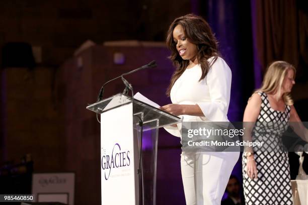 Pam Oliver speaks onstage at The Gracies, presented by the Alliance for Women in Media Foundation at Cipriani 42nd Street on June 27, 2018 in New...