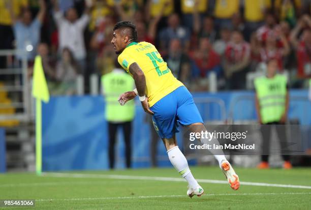 Paulinho of Brazil celebrates after he scores the opening goal during the 2018 FIFA World Cup Russia group E match between Serbia and Brazil at...