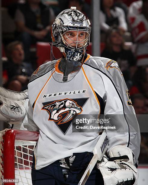 Goaltender Pekka Rinne of the Nashville Predators looks down the ice during an NHL game against the Detroit Red Wings at Joe Louis Arena on April 3,...