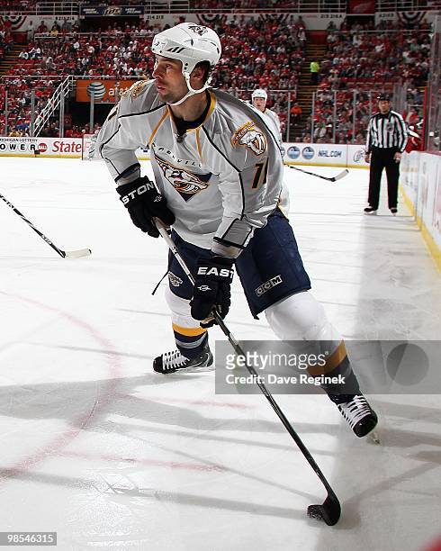 David Legwand of the Nashville Predators looks to make a pass during an NHL game against the Detroit Red Wings at Joe Louis Arena on April 3, 2010 in...