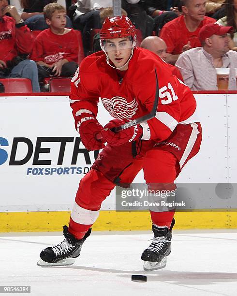 Valtteri Filppula of the Detroit Red Wings makes a back hand pass during an NHL game against the Nashville Predators at Joe Louis Arena on April 3,...