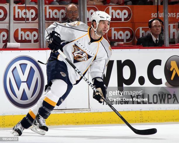 David Legwand of the Nashville Predators turns up ice during an NHL game against the Detroit Red Wings at Joe Louis Arena on April 3, 2010 in...