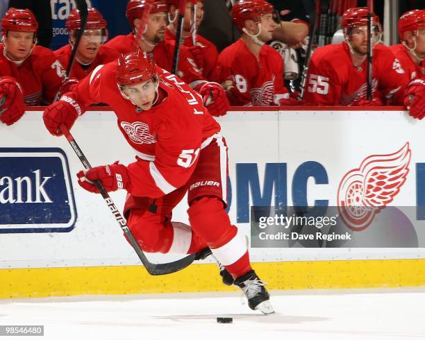 Valtteri Filppula of the Detroit Red Wings skates with the puck during an NHL game against the Columbus Blue Jackets at Joe Louis Arena on April 7,...