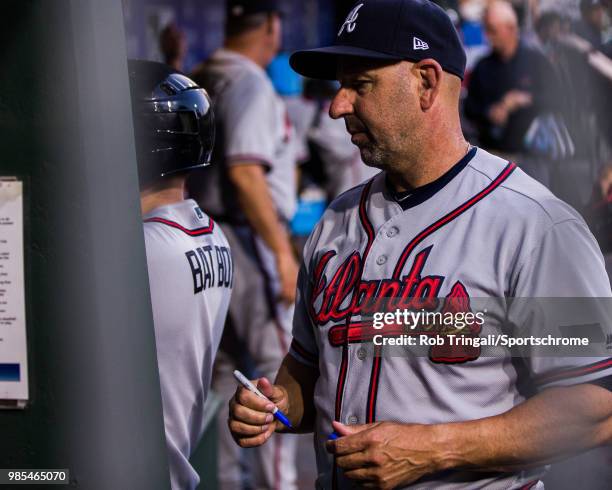 Manager Walt Weiss of the Atlanta Braves looks on during the game against the Philadelphia Phillies at Citizens Bank Park on Wednesday, May 23, 2018...