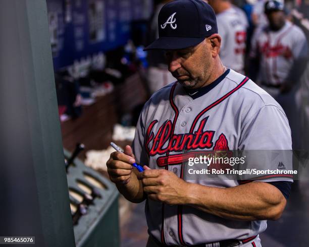 Manager Walt Weiss of the Atlanta Braves looks on during the game against the Philadelphia Phillies at Citizens Bank Park on Wednesday, May 23, 2018...