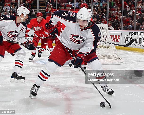 Derick Brassard of the Columbus Blue Jackets controls the puck during an NHL game against the Detroit Red Wings at Joe Louis Arena on April 7, 2010...