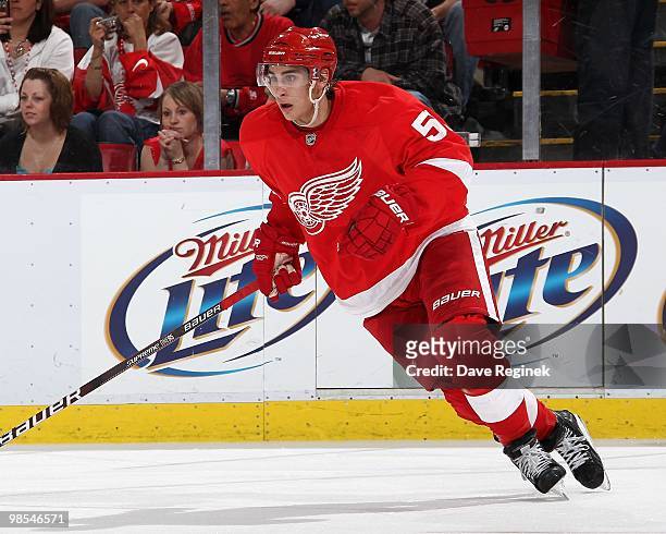 Valtteri Filppula of the Detroit Red Wings turns up ice during an NHL game against the Columbus Blue Jackets at Joe Louis Arena on April 7, 2010 in...