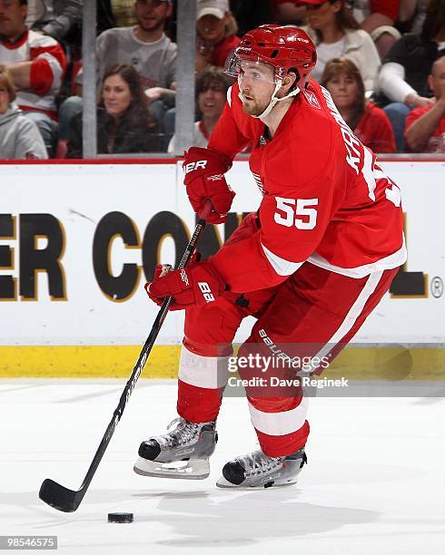 Niklas Kronwall of the Detroit Red Wings skates with the puck during an NHL game against the Columbus Blue Jackets at Joe Louis Arena on April 7,...