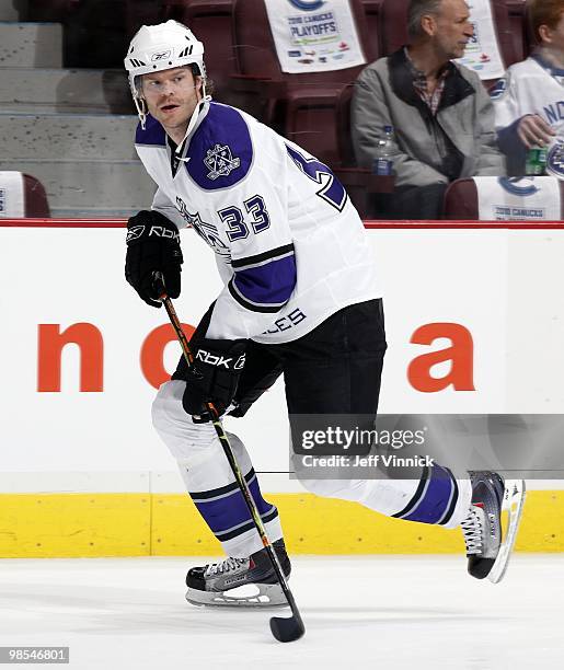 Fredrik Modin of the Los Angeles Kings skates up ice in Game One of the Western Conference Quarterfinals against the Vancouver Canucks during the...