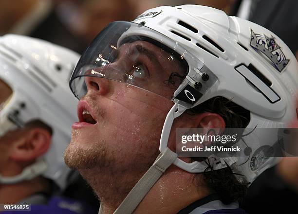 Anze Kopitar of the Los Angeles Kings looks on from the bench in Game One of the Western Conference Quarterfinals against the Vancouver Canucks...