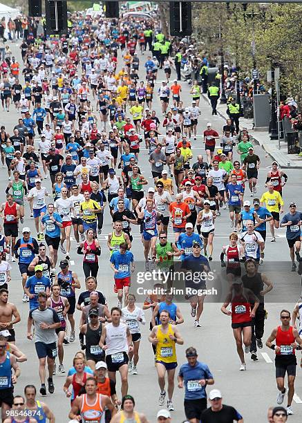 Participants run down Boylston Street toward the finish line during the 114th Boston Marathon on April 19, 2010 in Boston, Massachusetts.