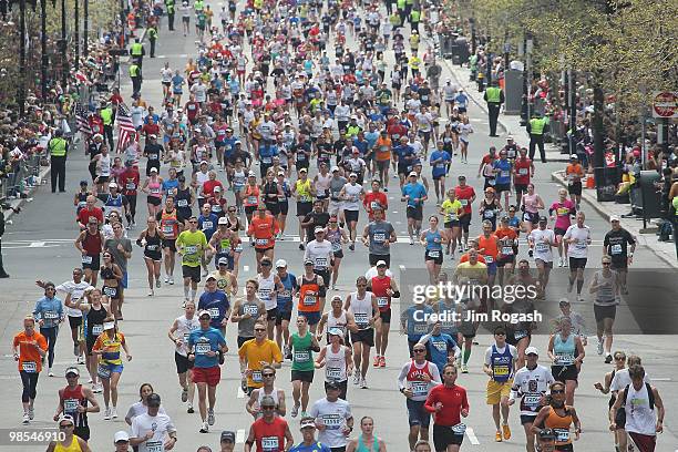 Participants run down Boylston Street toward the finish line during the 114th Boston Marathon on April 19, 2010 in Boston, Massachusetts.