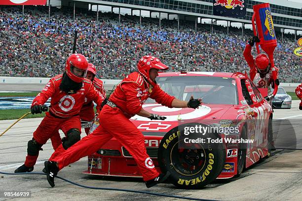 Juan Pablo Montoya, driver of the Target Chevrolet, pits during the NASCAR Sprint Cup Series Samsung Mobile 500 at Texas Motor Speedway on April 19,...